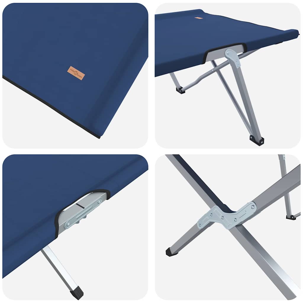 Detail van het blauwe vidaXL opvouwbare campingbed met stalen frame en bevestigingsmechanisme.