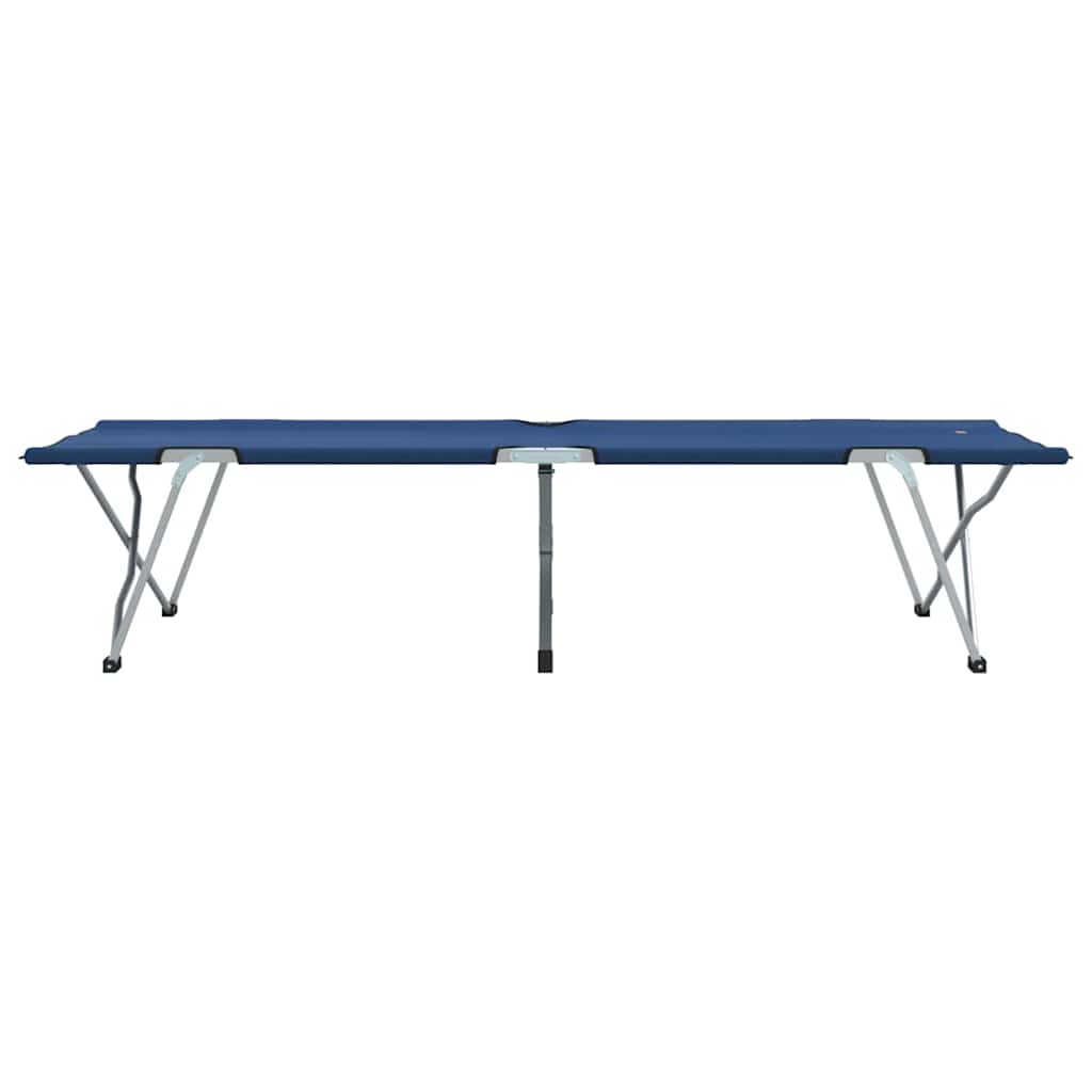 Zijaanzicht van het vidaXL opvouwbare campingbed in blauw met stabiel stalen frame.