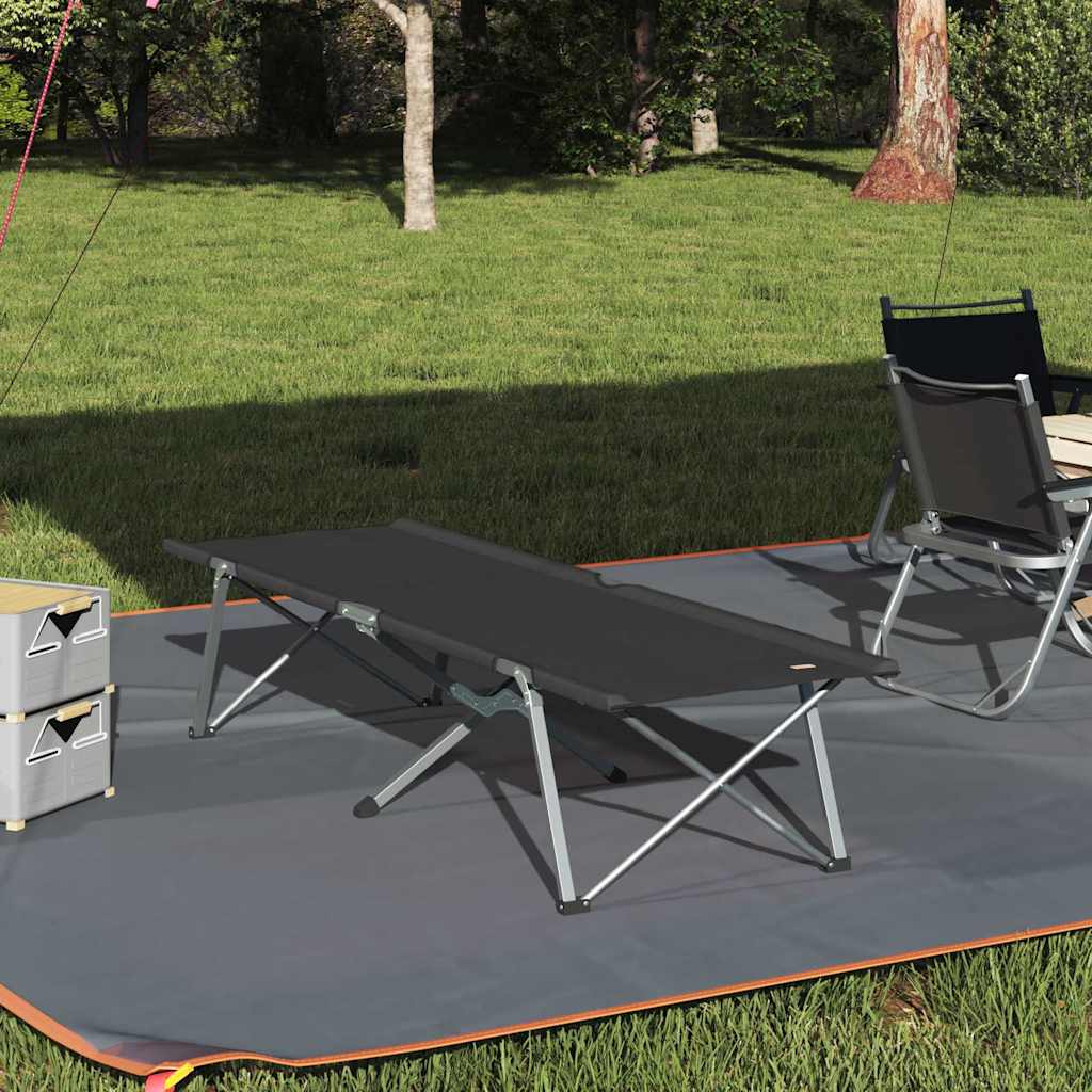 Zwart vidaXL opvouwbaar campingbed op gras, ideaal voor buitengebruik.