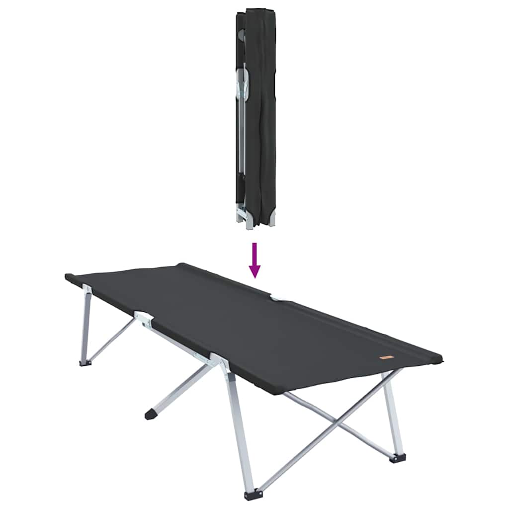 Detail van het vidaXL opvouwbare campingbed in zwart, met opgevouwen positie en stalen frame.
