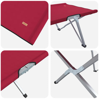 Detail van het opvouwbare vidaXL camping bed in rood, met focus op de stevige constructie en bevestigingsmechanismen.