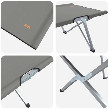 Detail van het opvouwbare vidaXL Camping Bed met grijs doek en stevige metalen frame.