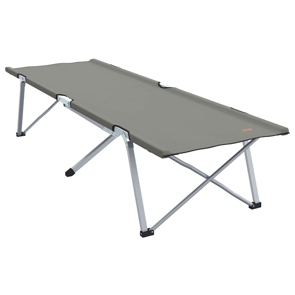 Zijaanzicht van het vidaXL opvouwbare camping bed in grijs, met stevige poten en een minimalistisch ontwerp.
