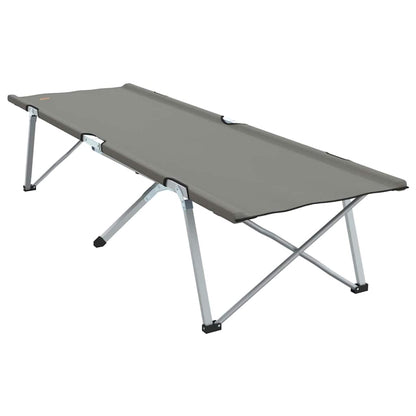 Zijaanzicht van het vidaXL opvouwbare camping bed in grijs met stevige poten.