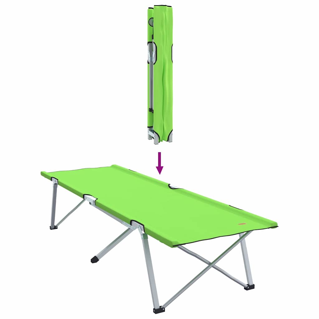 Detail van het vidaXL opvouwbare camping bed in groen, verticaal opgevouwen.