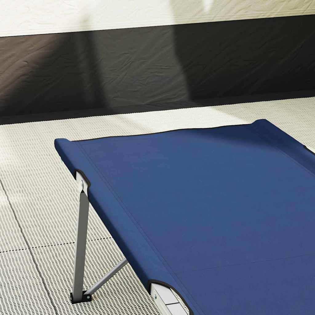 Detail van het vidaXL opvouwbare camping bed in blauw, zijaanzicht met stalen frame.