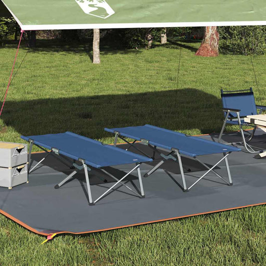 Blauw vidaXL opvouwbaar camping bed, ideaal voor buitengebruik, met stevig stalen frame.