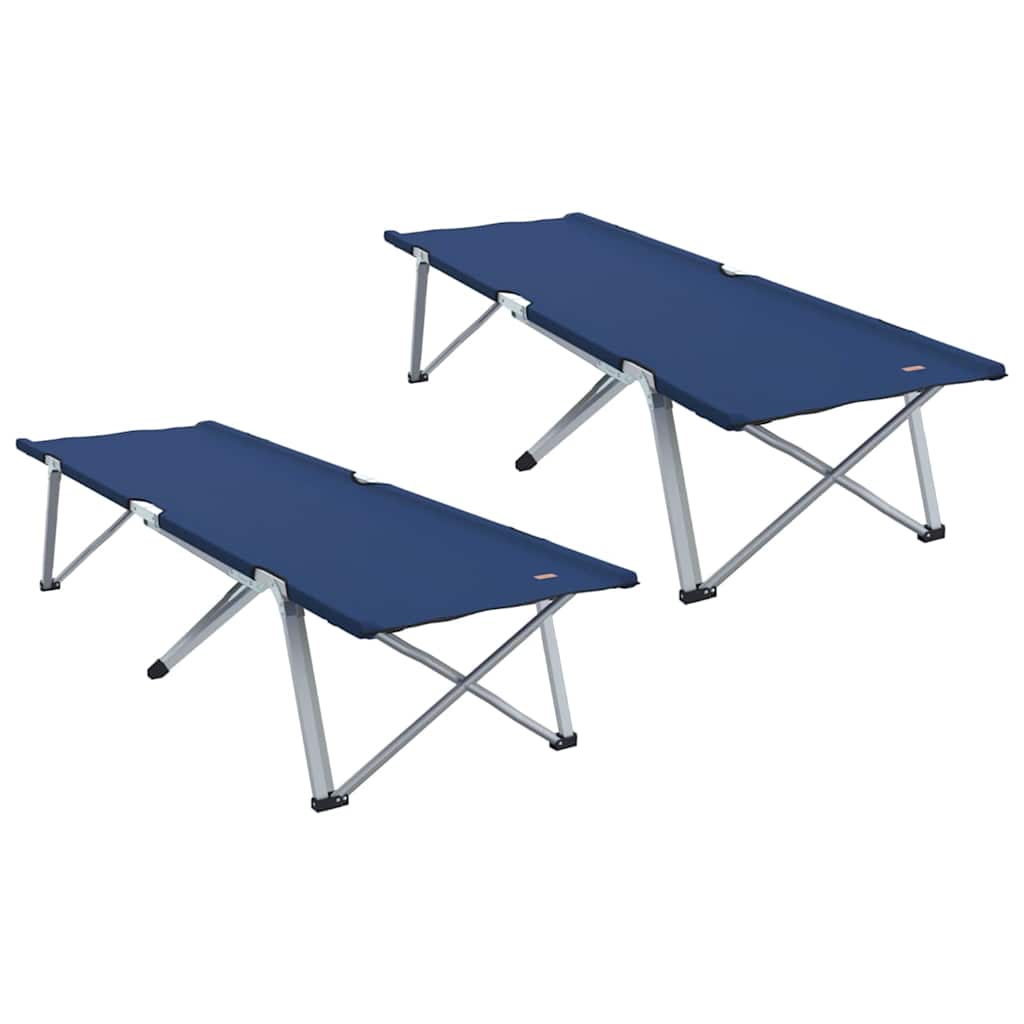 Detail van twee opvouwbare vidaXL camping bedden in blauw, zijaanzicht met stevig stalen frame.