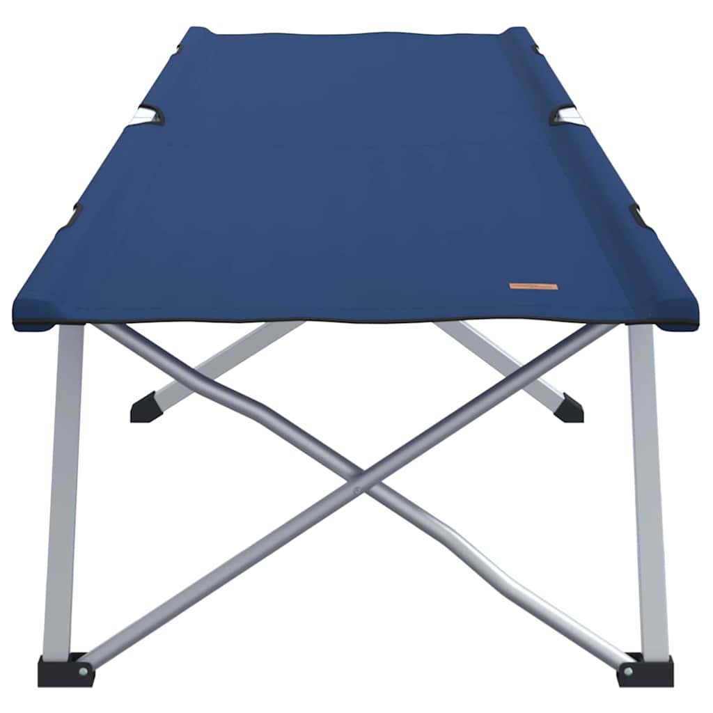Zijaanzicht van het vidaXL opvouwbare camping bed in blauw met stevig stalen frame.