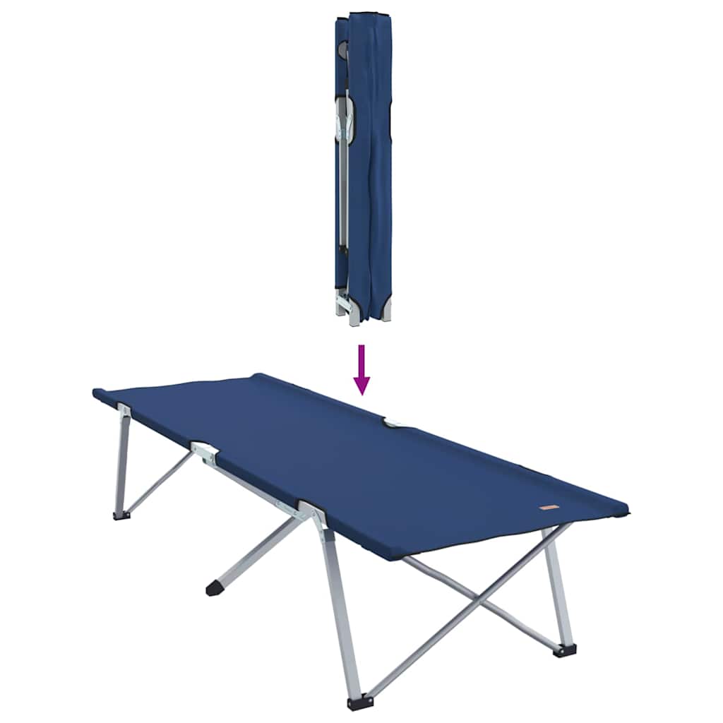 Detail van het opvouwbare vidaXL camping bed in blauw, zijaanzicht met ingeklapt ontwerp.