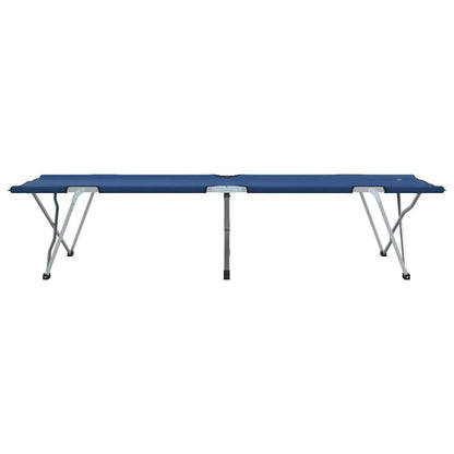 Zijaanzicht van het vidaXL opvouwbare campingbed in blauw met stevig stalen frame.