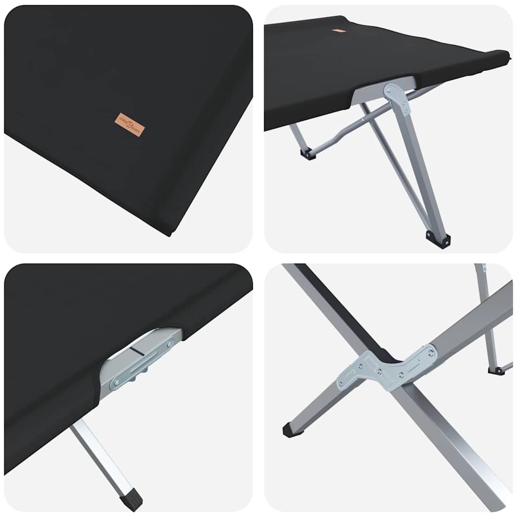 Detail van het opvouwbare camping bed vidaXL met zwart doek en stabiele metalen frame.