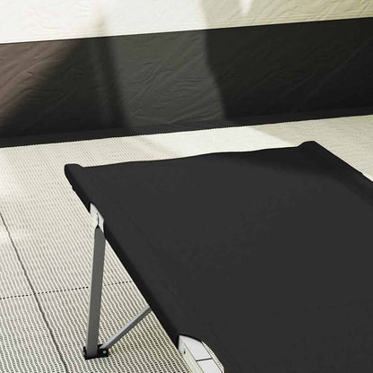 Detail van het vidaXL opvouwbare camping bed in zwart, zijaanzicht met gestrekte stof.