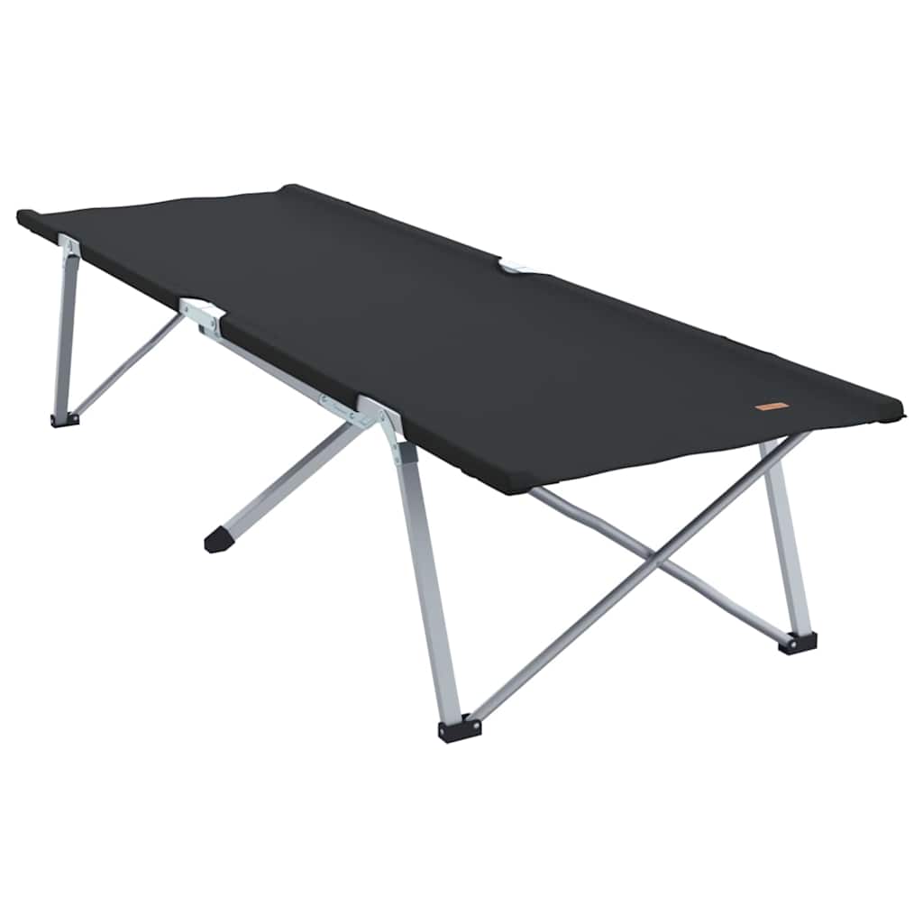 Detail van het vidaXL opvouwbare camping bed in zwart, zijaanzicht met stalen frame.