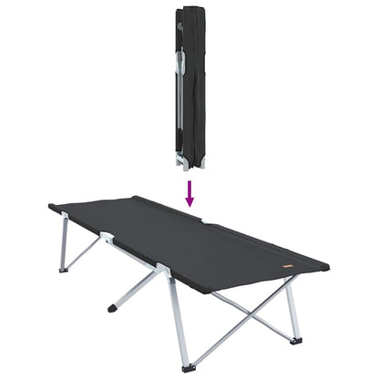 Detail van het opvouwbare vidaXL camping bed in zwart, zijaanzicht met opgevouwen positie.