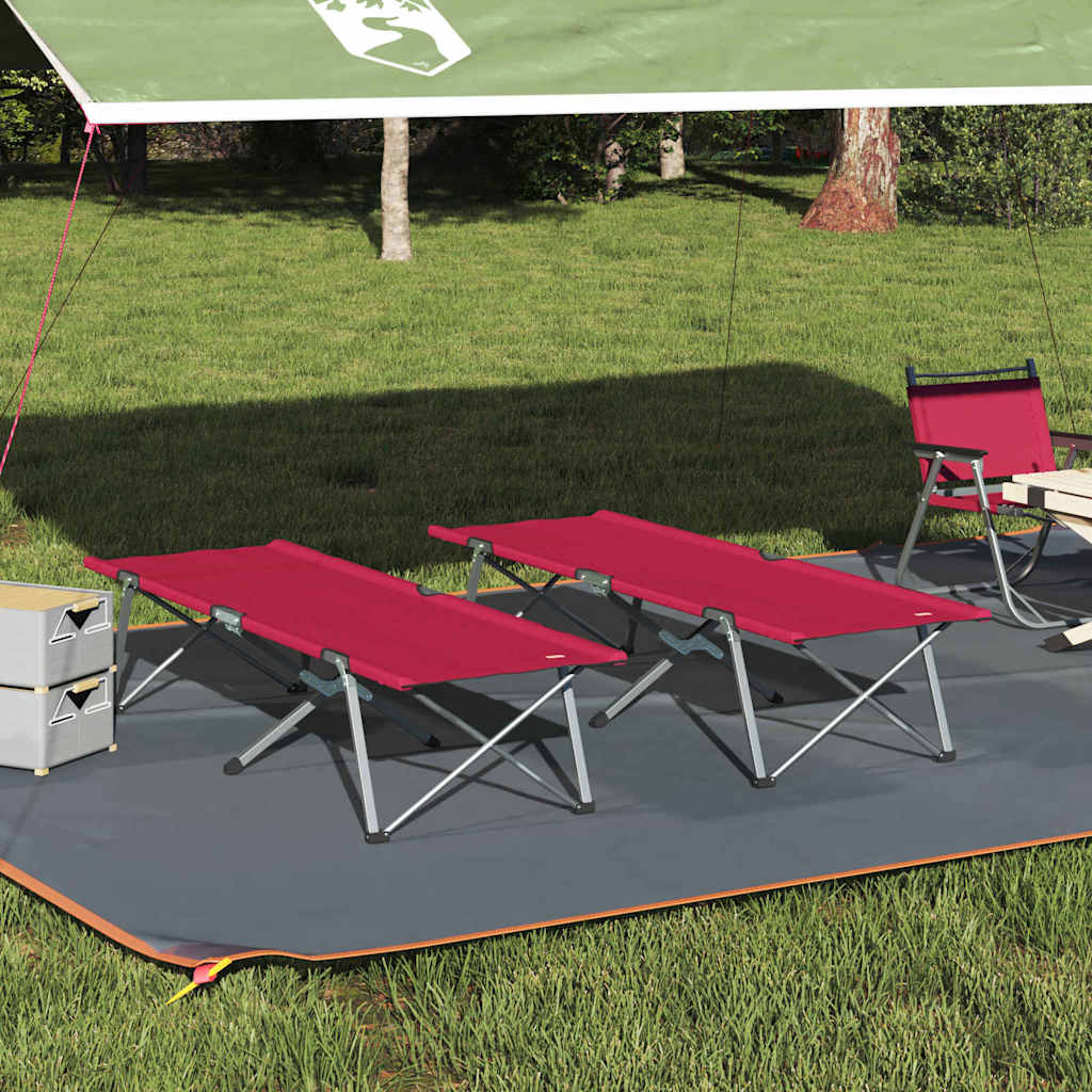 Rode vidaXL opvouwbare camping bedden met stalen frame, opgesteld op gras onder een luifel.