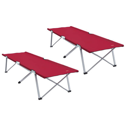 Detail van twee opvouwbare vidaXL campingbedden in rood, zijaanzicht met stevig stalen frame.
