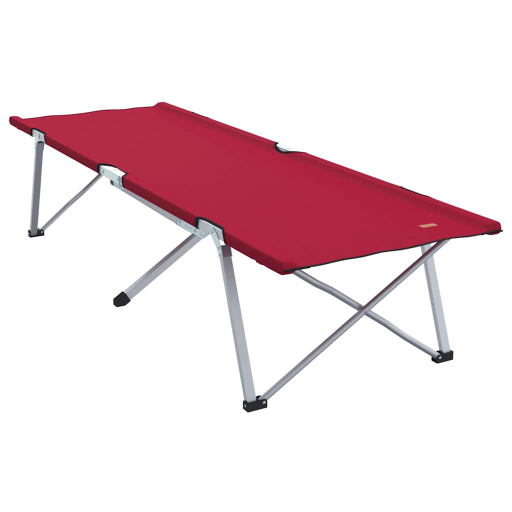 Zijaanzicht van het vidaXL opvouwbare camping bed in rood, met stevig stalen frame.