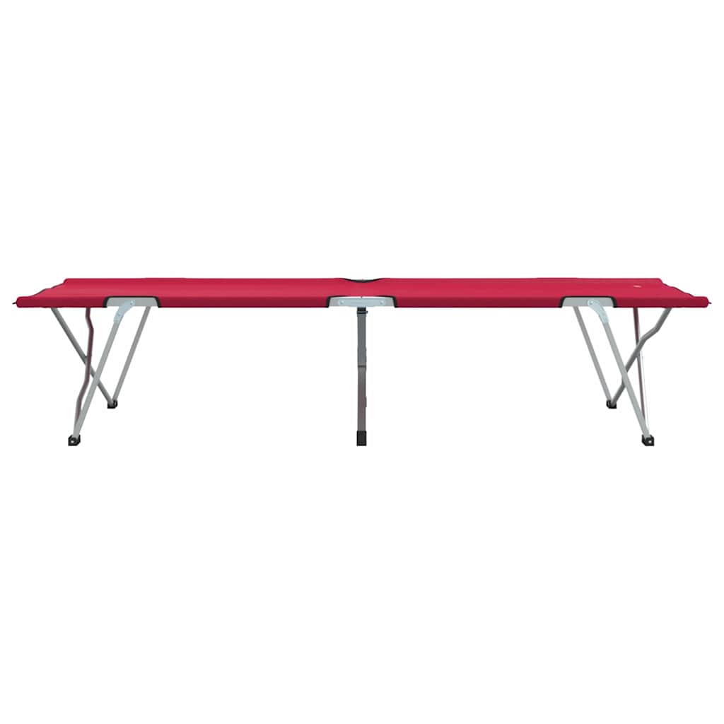 Zijaanzicht van het vidaXL opvouwbare camping bed in rood, met stevig stalen frame.