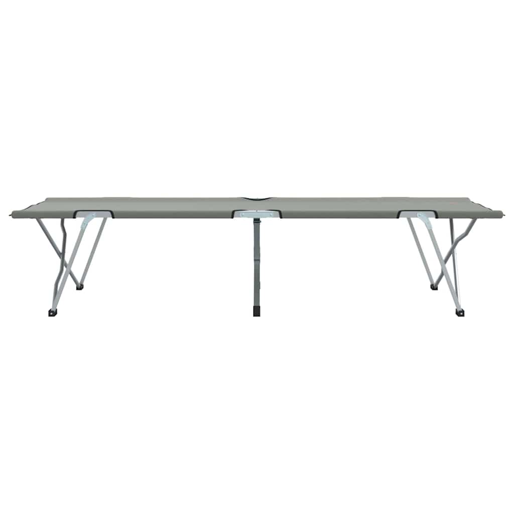 Zijaanzicht van het vidaXL opvouwbare campingbed in grijs met stevig stalen frame.