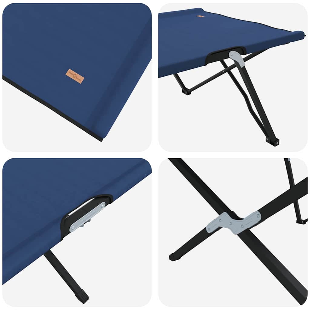 Detail van het opvouwbare campingbed vidaXL in blauw, met focus op het stevige frame en bevestigingsmechanisme.