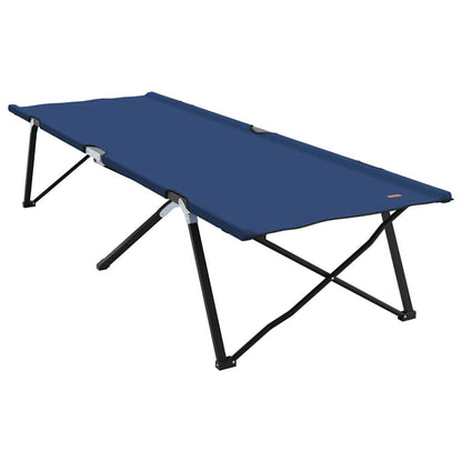Zijaanzicht van het vidaXL opvouwbare campingbed in blauw met stevige stalen poten.