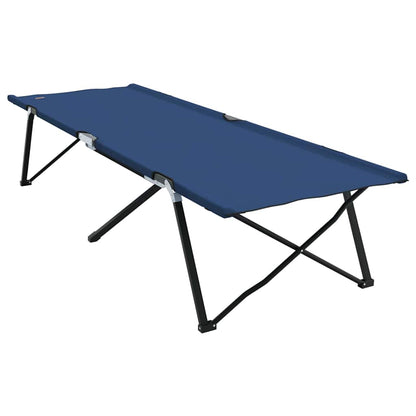 Zijaanzicht van het vidaXL opvouwbare campingbed in blauw, met stevige stalen poten.