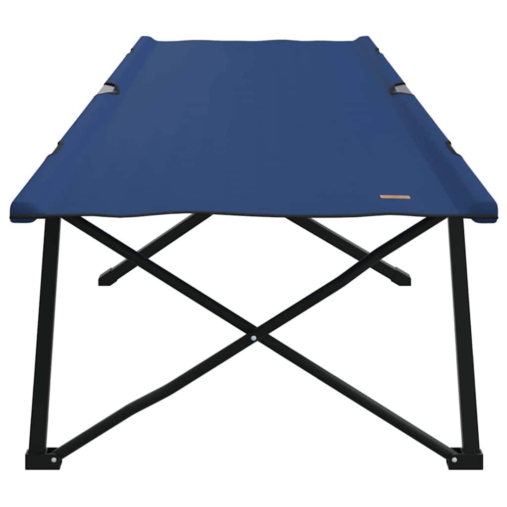 Zijaanzicht van het opvouwbare vidaXL campingbed in blauw met stevige stalen poten.