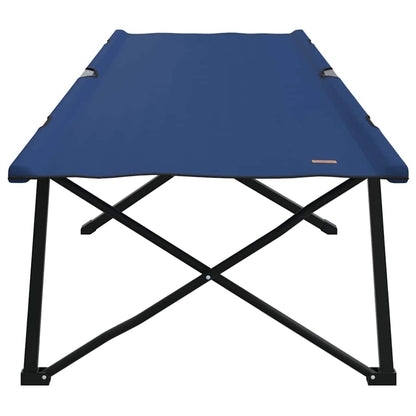 Zijaanzicht van het opvouwbare vidaXL campingbed in blauw met stevige stalen poten.
