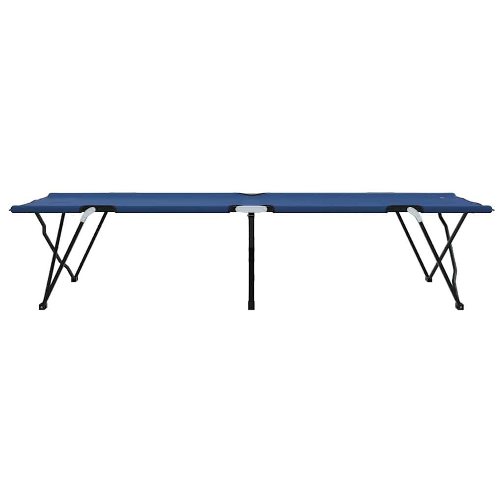 Zijaanzicht van het vidaXL opvouwbare campingbed in blauw met stevige stalen poten.