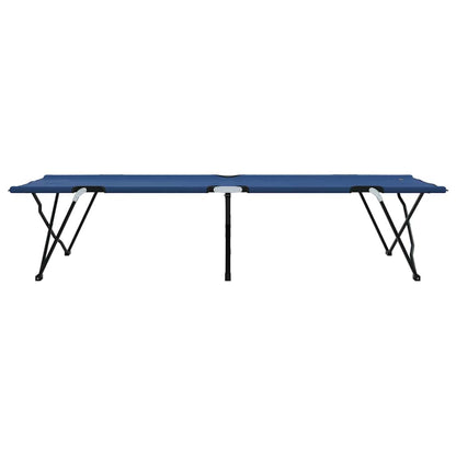Zijaanzicht van het vidaXL opvouwbare campingbed in blauw met stevige stalen poten.