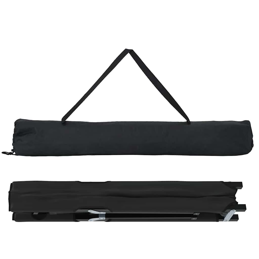 Opgevouwen vidaXL campingbed in zwart met handvat voor eenvoudig transport.