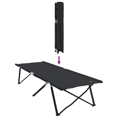 Detail van het opvouwbare vidaXL campingbed in zwart, met opvouwmechanisme zichtbaar.
