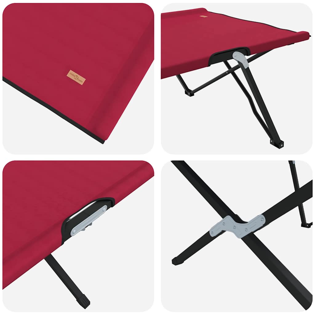 Detail van het opvouwbare vidaXL camping bed in rood met stevige stalen bevestigingen.