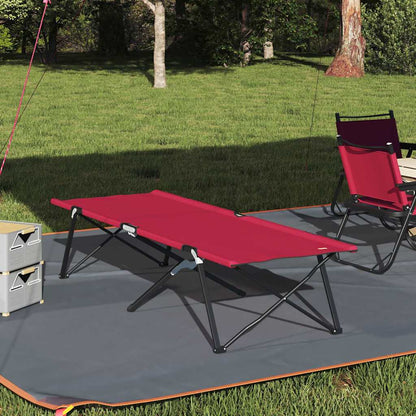 Rood vidaXL opvouwbaar camping bed, geplaatst op gras met een campingstoel ernaast.