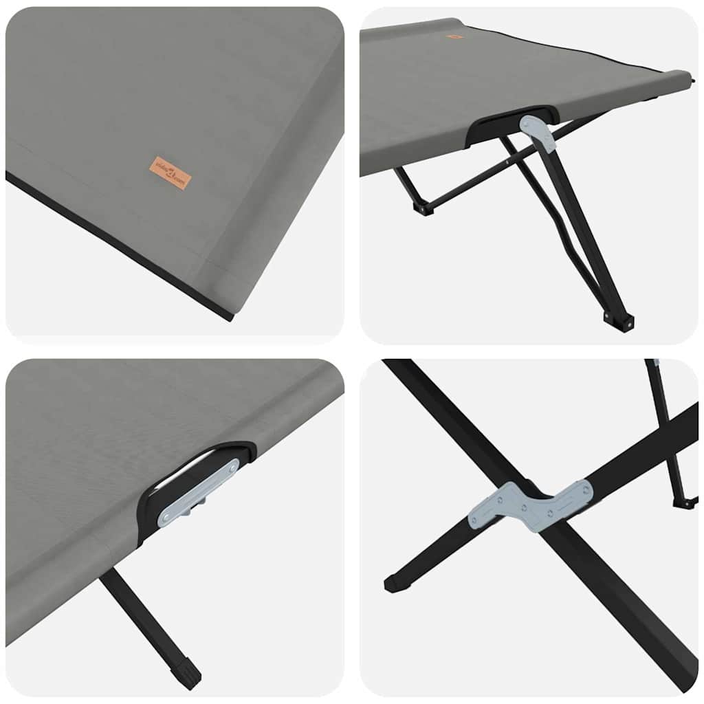 Detail van het opvouwbare campingbed van vidaXL met stalen frame en grijze stof.