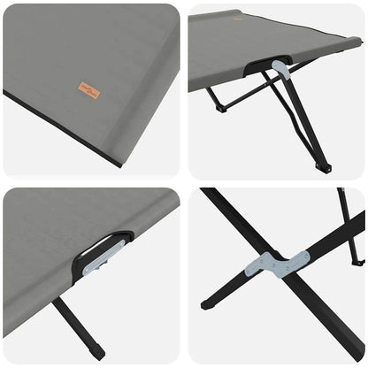 Detail van het opvouwbare campingbed van vidaXL met stalen frame en grijze stof.