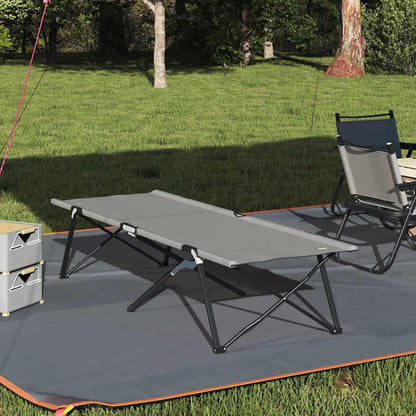 Opvouwbaar campingbed van vidaXL in grijs, geplaatst op gras met een campingstoel ernaast.