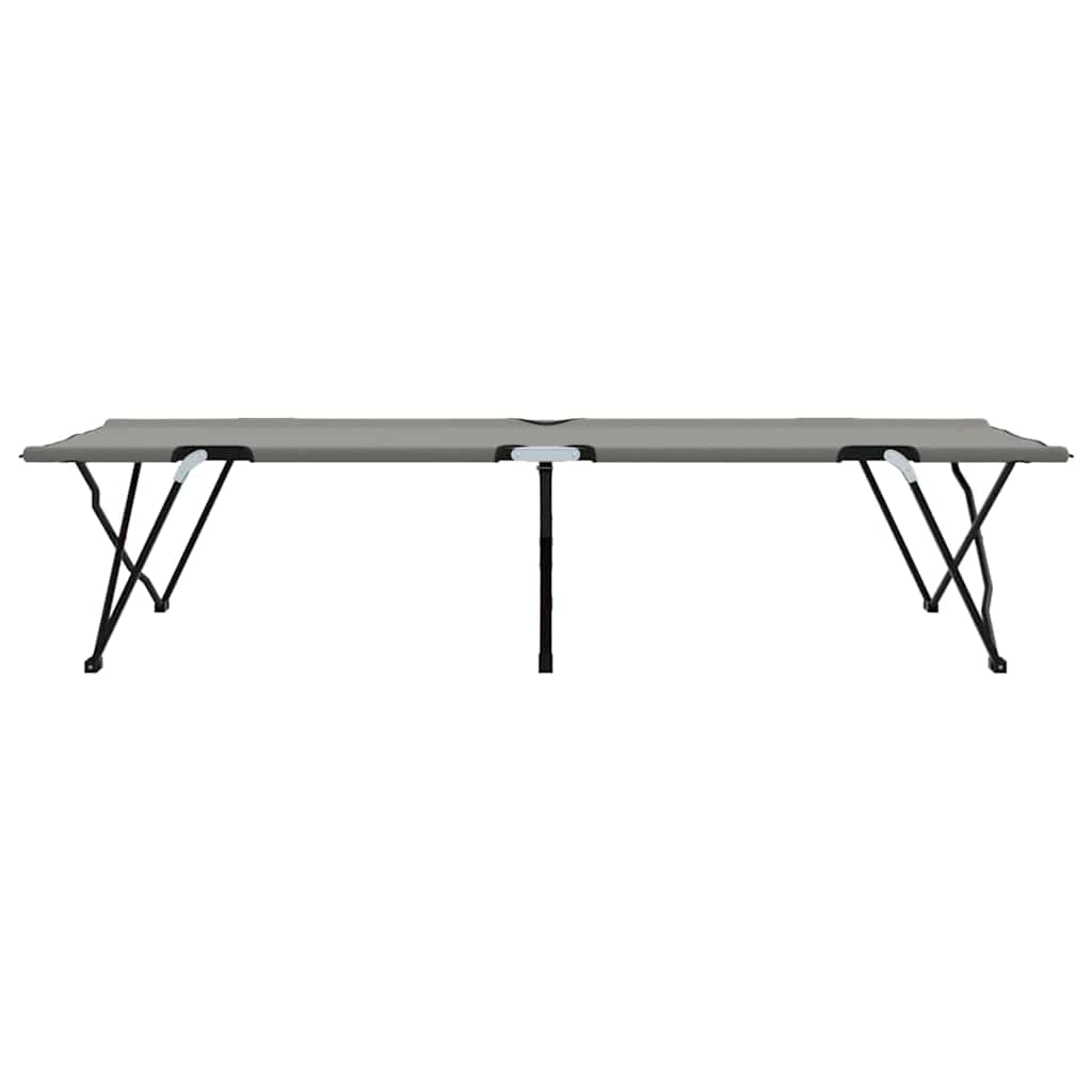 Zijaanzicht van het vidaXL opvouwbare campingbed in grijs met stevig stalen frame.
