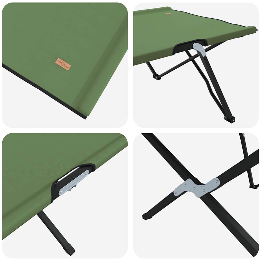 Detail van het opvouwbare campingbed van vidaXL met stevige stalen poten en groene stof.