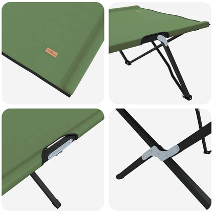 Detail van het opvouwbare campingbed van vidaXL met stevige stalen poten en groene stof.