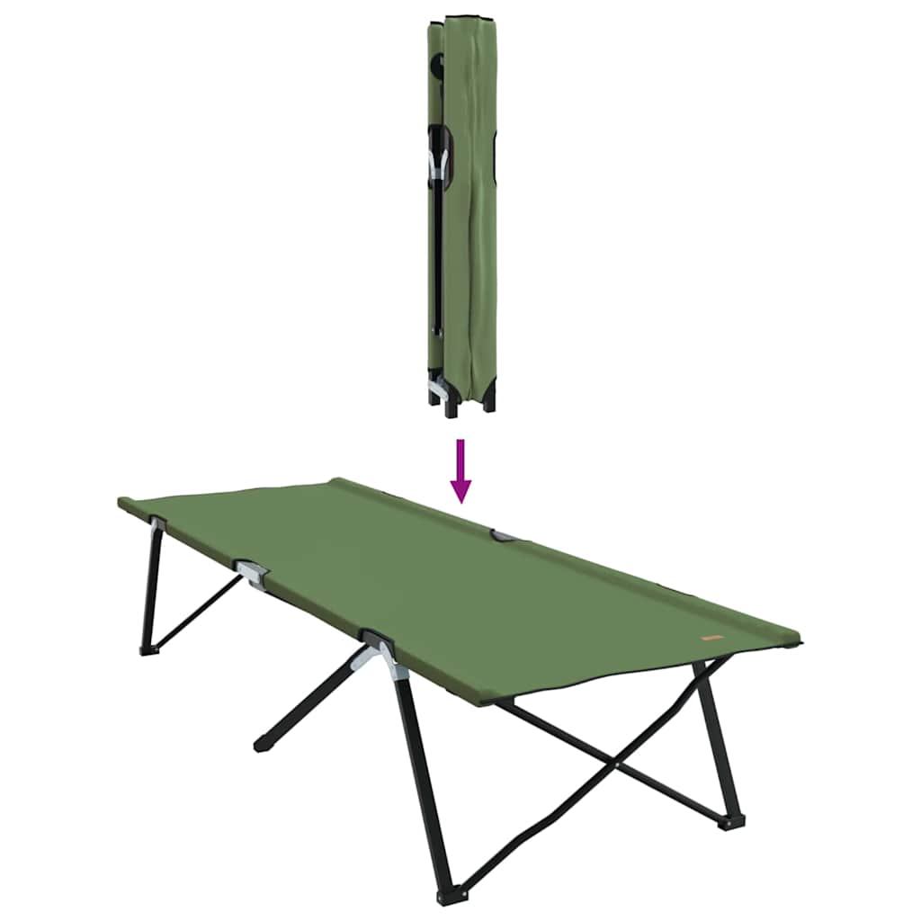 Detail van het vidaXL opvouwbare campingbed in groen, zijaanzicht met opgevouwen positie.