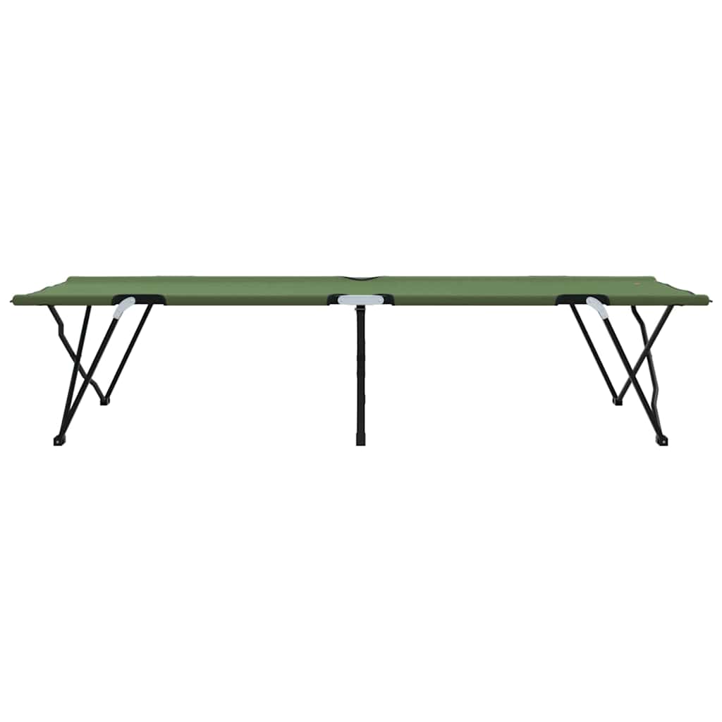 Zijaanzicht van het vidaXL opvouwbare campingbed in groen, met stevige stalen poten.