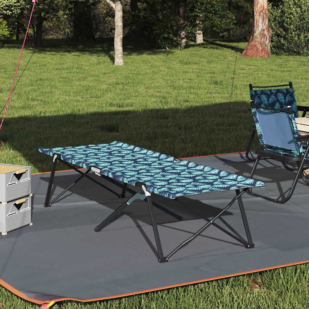 Opvouwbaar camping bed van vidaXL met een blauw bladmotief, geplaatst op gras.