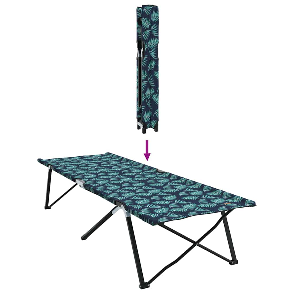 Detail van het opvouwbare vidaXL camping bed met een tropisch patroon en opgevouwen ontwerp.