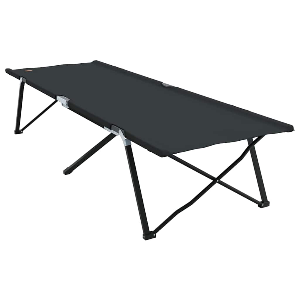Zijaanzicht van het vidaXL opvouwbare campingbed in zwart, met stevig stalen frame.