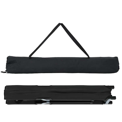 Opgevouwen vidaXL campingbed in zwart met handvat voor eenvoudige draagbaarheid.