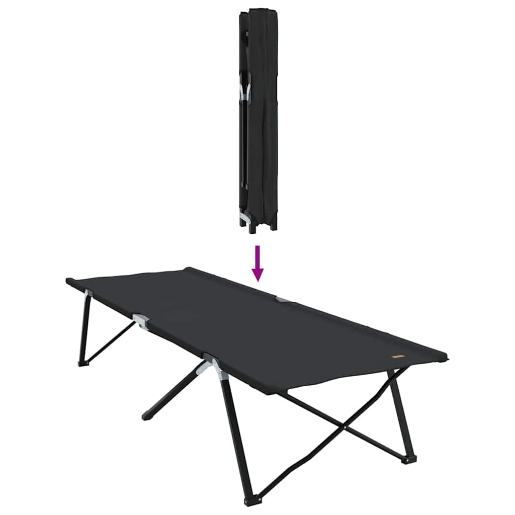 Detail van het opvouwbare vidaXL campingbed in zwart, met focus op het opvouwmechanisme.