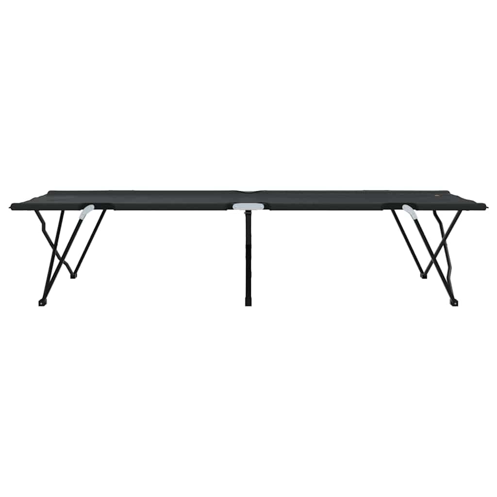 Zijaanzicht van het vidaXL opvouwbare campingbed in zwart met stevig stalen frame.