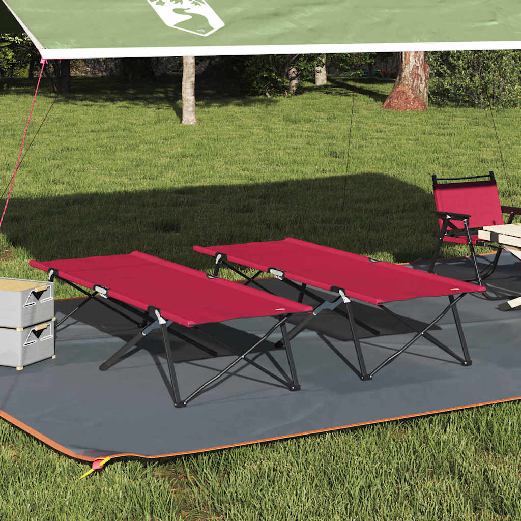 Rode vidaXL opvouwbare camping bedden, twee stuks onder een luifel op gras.